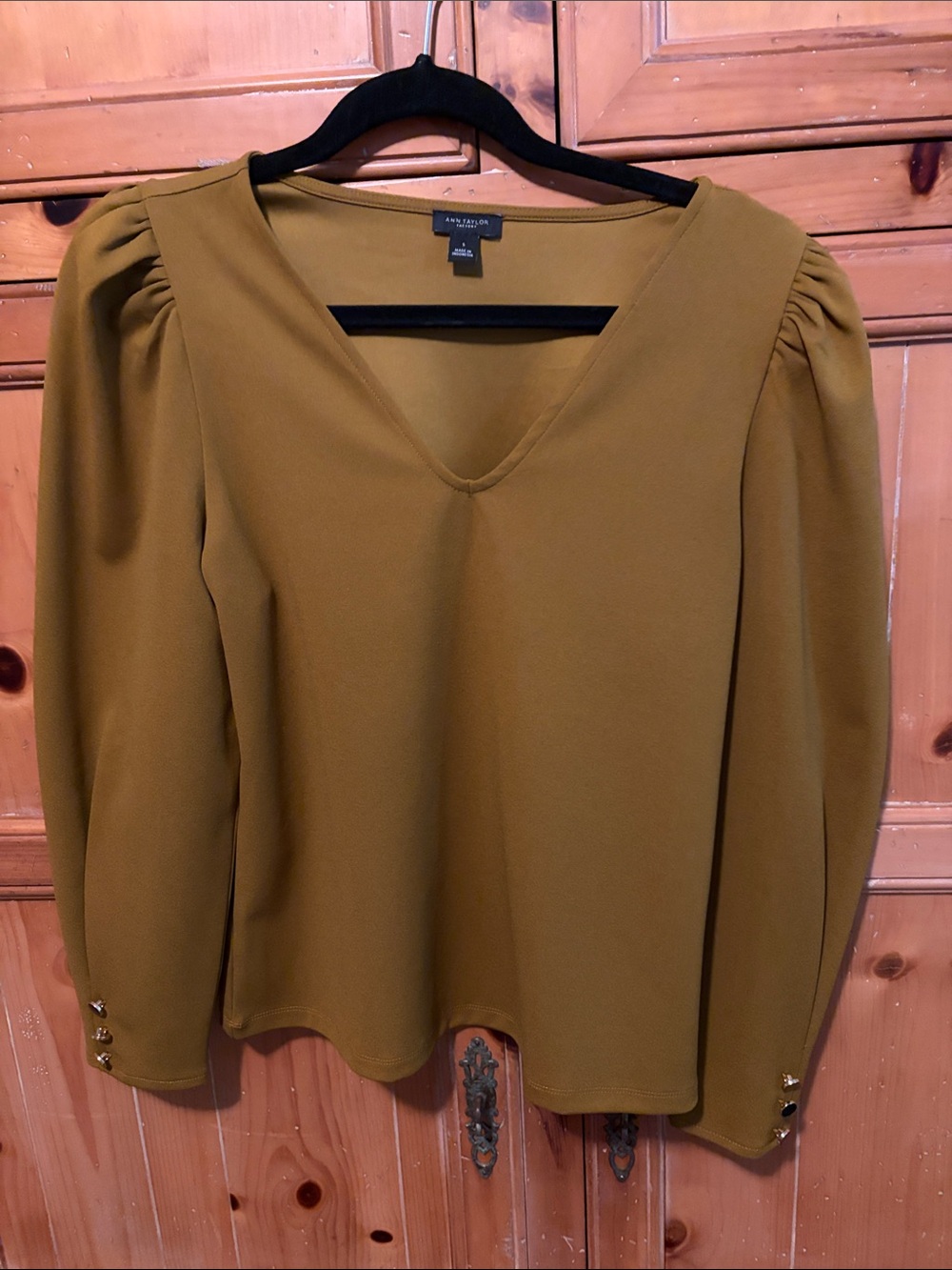 Ann Taylor Factory Mustard V-Neck Puff Sleeve Blouse